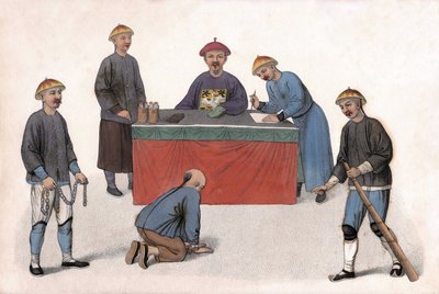 奉行の前にいる被告人は、事務員、秘書、警備員に助けられていた。 ロンドンの「The Punishment of Chinese」では 作： Unknown artist