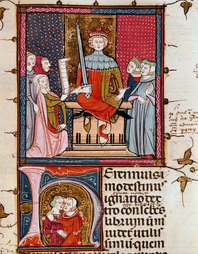 ミニチュア判事の前に現れる姦淫の女（『フォルティアトゥムのユスティニアニ』より）Fol.39 14世紀 スペイン、エスコリアル修道院（エスコリアル）の王立図書館 作： Unknown artist