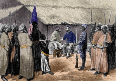 イギリスの宣教師でアフリカ探検家のデイヴィッド・リヴィングストン（1813-1873）と、ウェールズのジャーナリストでアフリカ探検家のヘンリー・モートン・スタンレー（1841-1904）が、中央アフリカの村で出会ったこと。 作： Unknown artist