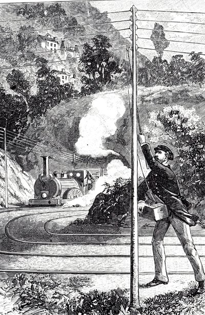 Uma gravura representando um trabalhador ferroviário enviando um sinal de emergência em um telégrafo ferroviário 作： Unknown artist