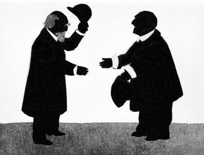 エドアルド・ハンスリック（1825 - 1904）とオーストリアの音楽学者、作曲家アントン・ブルックナー（1824 - 1896）の想像上の出会い。中国の影。 作： Unknown artist