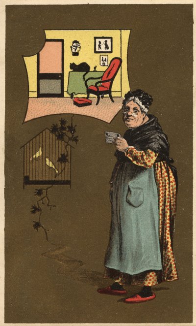 鳥のいる檻の近くでカップを持つ老婆。アノニマス・クロモリトグラフィー 19世紀後半 作： Unknown artist