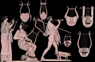 古代ギリシャの楽器：竪琴とシタラ（cithare）（kithara）-「宇宙のあらゆる民族の用途と習慣」の刻印。つまり、最も遠い時代から現在に至るまでの、すべての国の政府、法律、民兵、宗教の歴史です。 作： Unknown artist