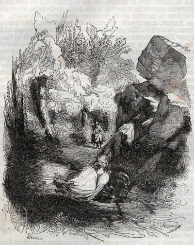 年老いた隠者から逃げるアンジェリーク（アンジェリカ）-1851年のエングレーヴィング、ルドヴィコ・アリオストの「激情のロラン」（Orlando furioso）（16世紀）より、アリオスタとして知られている-トレッサン伯爵がイタリア語から翻訳し、ギュスターヴ・ハーバードが出版した版1 作： Unknown artist
