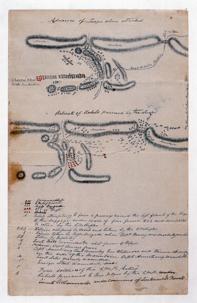 1848年8月29日のBoomplaatsの戦いの注釈付きスケッチマップ（紙製 作： Unknown artist