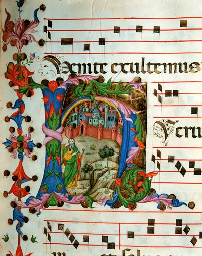 注5のアンティフォナリーは、ミサの際に聖歌隊が歌う聖歌を記した本（羊皮紙） 作： Unknown Artist