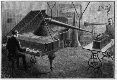トーマス・アルバ・エジソン（1847-1931）が発明した蓄音機でピアノ曲を録音する装置。La Nature.科学とその芸術・産業への応用に関する雑誌 作： Unknown artist