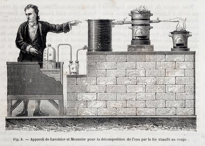 Antoine Laurent de Lavoisier と Meusnier が開発した、赤熱した鉄で水を分解する装置 - Figuier の「Les wonders de l