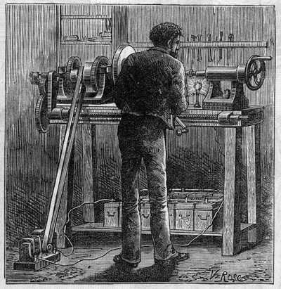 フォーレ電池の応用：アキュムレーターで動く職人のターン。"Le Monde Illustré "に掲載された図版 作： Unknown artist