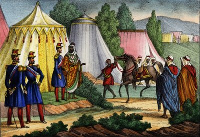 アフリカ、アルジェリアのフランス軍の将校に馬を差し出すアラブのリーダー 作： Unknown artist