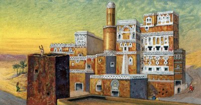 アラビア建築："view of a house typical of the town of Sana