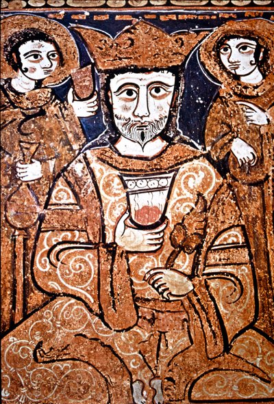 アラボノルマン様式で描かれたシチリア島のロジャー2世（1095-1154）の肖像が高貴な人々を取り囲んでいます。12世紀の木版画。イタリア、シチリア、パレルモ、王宮のパラティーナ礼拝堂（Cappella Palatina del Palazzo Reale 作： Unknown artist