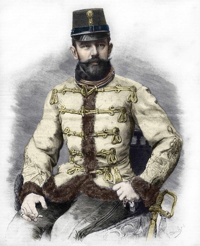ハプスブルク家のロドルフ大公（1858-1889）、オーストリアの皇太子、1889年のエングレーヴィング。 作： Unknown artist