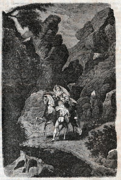 花婿の命令で襲われたアルギー-1851年の版画（ルートヴィコ・アリオスト著「激情のロラン」（Orlando furioso）（16世紀）より）アリオスタ-版はトレサン伯爵がイタリア語から翻訳し、ギュスターヴ・ハルヴァルが出版した。 作： Unknown artist