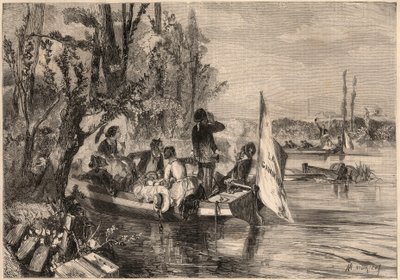 1857年のパリ周辺。アスニエールのカヌー隊。1857年の「Le Monde illustrious」誌に掲載された版画。個人蔵。 作： Unknown artist