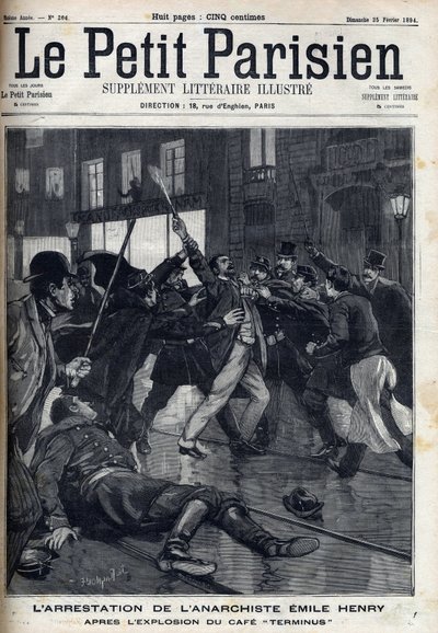 パリのカフェ「テルミヌス」の爆発後、アナキストのエミール・アンリ（1872-1894）が逮捕される。"Le Parisien "に掲載された版画 作： Unknown artist