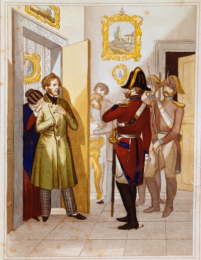 愛国者フェデリコ・コンファロニエリ（1785-1846）がイタリア軍に逮捕される様子。19世紀のエングレーヴィング リソルジメント博物館、ローマ 作： Unknown artist