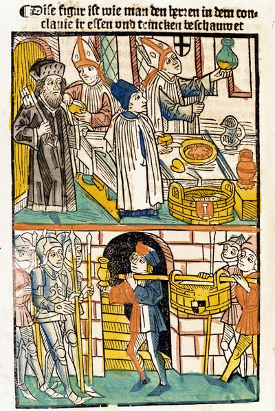 教皇マルティヌス5世が選出されたコンスタンツ公会議（1417年）のメンバーに食事を提供するために到着した。"Das Concilium" 作： Unknown artist