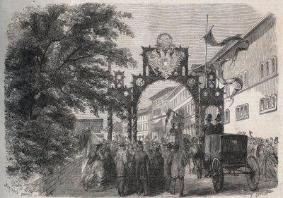 1865年、バート・キッシンゲン（温泉）に到着したエリザベート・オブ・オーストリア（シシィ）（オーストリアのエリザベート） - 1865年の「The Illustrous World」に掲載された刻印 作： Unknown artist