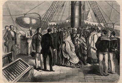 コモロのモヘリの女王、ゾンベ・ファトゥーム（1836-1878）のマルセイユ到着。彼女は「ゾンベ・ファトゥマ（Djombe-Fatouma）」、「ジュンベ・ファトゥマ（Jumbe-Fatouma）」、「ジュンベ・ファティマ（Jumbe-Fatima）」とも呼ばれています。"The Universe illustrious "のエングレービング 作： Unknown artist