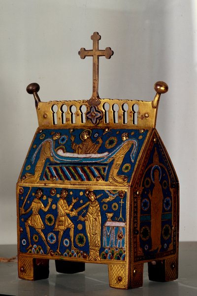 美術品：カンタベリーの大司教、聖トマス・ベケット（1118-1170）のエナメル、金、銅製の聖遺物箱。1170年12月29日にカントルベリー大聖堂で行われた大司教の暗殺とその葬儀を表現した装飾が施されています。13世紀 作： Unknown artist
