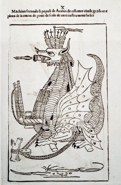 アート・オブ・ウォー：軍用機械の研究技師ロベルト・ヴァルトゥーリオ（1413-1483）の『De re Militari』に描かれた、都市を包囲するためのアラビアの機械「アラビカ・マキナ」。 作： Unknown artist