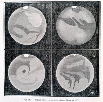 1877年の望遠鏡による火星の様子 - カミーユ・フラマリオン著「ポピュラー・アストロノミー」（マルポン＆フラマリオン編）より 作： Unknown artist
