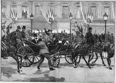 共和国大統領サディ・カルノー（1837-1894）をアナキストのカセリオが暗殺する。1894年6月24日。 作： Unknown artist