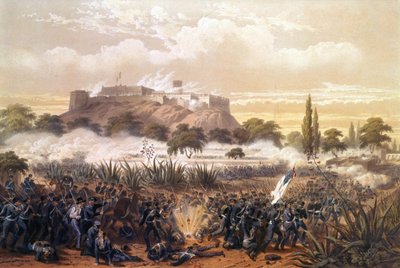 アメリカとメキシコの戦争中の1847年9月、チャプルテペックへの攻撃。1850年に描かれたもの。 作： Unknown artist