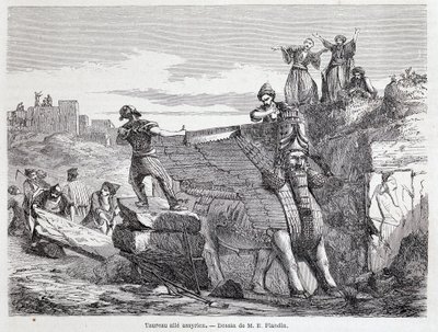 ニネベ遺跡のアッシリアの翼のある雄牛 - "Tour du monde" 1st sem.に掲載。1863. 作： Unknown artist