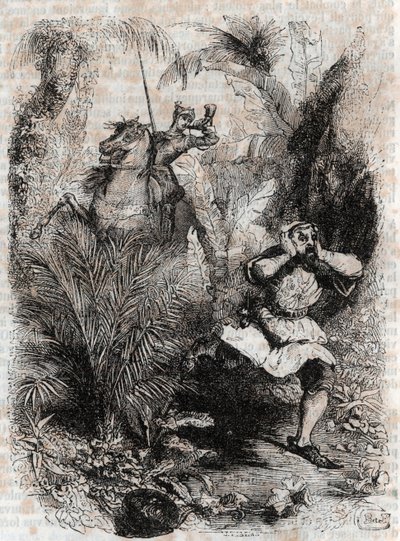 Astolphe makes Caligorant flee - 1851年に出版されたLudovico Ariostoの "Furious Roland" (Orlando furioso) (16世紀)のエングレーヴィング、通称Ariosto - Tressan伯爵がイタリア語から翻訳し、Gustave Harvardが出版した版。 作： Unknown artist