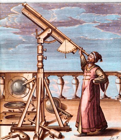 望遠鏡で空を観察する天文学者（Johannes Hevelius (1611-1687), Selenographia, sive Lunae descriptioより）。 作： Unknown artist