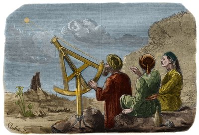天文学。825年頃、アラブの科学者がバビロン平原で太陽の高さを測定した。4分の1円にピンホールをつけたものを使っている。1857年に描かれた「科学博物館」の図 作： Unknown artist