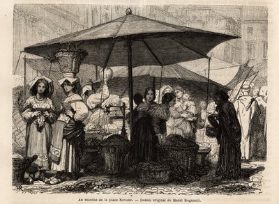 ローマ（イタリア）、ナヴォーナ広場のふもとにて。フランシス・ウェイが1864年から1868年にかけて行ったローマへの航海を描いた版画で、エドゥアール・シャルトンの指導のもと「Le tour du monde, nouveau journal des voyages」に掲載されています。 作： Unknown artist