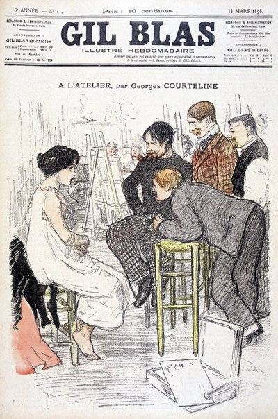 ジョルジュ・コートリーヌの「アトリエにて」。工房でポーズをとる女性を見ている男性。1898年3月18日、"Gil Blas "にて。 作： Unknown artist