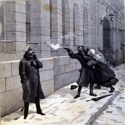 1879年にサンクトペテルブルクで行われた、皇帝アレクサンドル2世（1818〜1881年）に対する攻撃。19世紀に描かれた版画 作： Unknown artist
