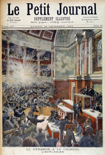下院での襲撃。無政府主義者Auguste Vaillant（1861-1894）が仕掛けた爆弾による爆発。"Le Petite journal "1893年12月23日付 作： Unknown artist