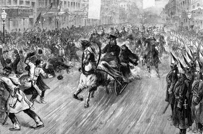 1881年、サンクトペテルブルクでの皇帝アレクサンドル2世（1818 - 1881）への攻撃。19世紀のイラスト。 作： Unknown artist
