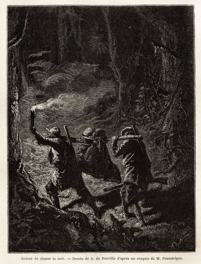 夜の狩りの帰り、獲物の熊が縛られ、狩人が肩に担いだ枝に吊るされている。1851年から1852年にかけて、M.Pousselgueが「le tour du monde」に掲載した「Quatre mois en Florida」という物語を説明するためのエングレーヴィング。 作： Unknown artist