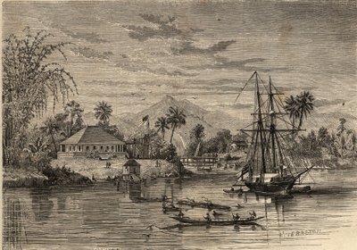 バンガロー、サラワクのラジャとして知られるジェームズ・ブルック卿の故郷（1803-1868）イギリスの冒険家で、サラワク（ボルネオ島）周辺のサラワクの初代白人ラジャ。1857年の "Le Monde illustrious "に掲載された版画。個人蔵。 作： Unknown artist