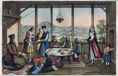 19世紀のギリシャの宴会シーン - 「宇宙のあらゆる民族の用途と習慣」からの彫刻。Or History of the government, laws, militia, religious of all nations from the remotest times to the present day" 1856年 作： Unknown artist