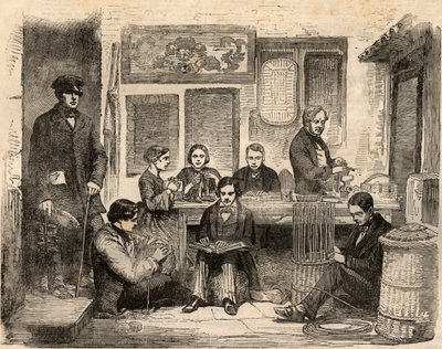 ロンドンのユーストン・ロードにあった盲人のためのバスケットと読書のワークショップで、盲人の一般的な福祉を促進するための協会が主催したもの。24日付「The illustrated London News」に掲載されたエングレーヴィング 作： Unknown artist
