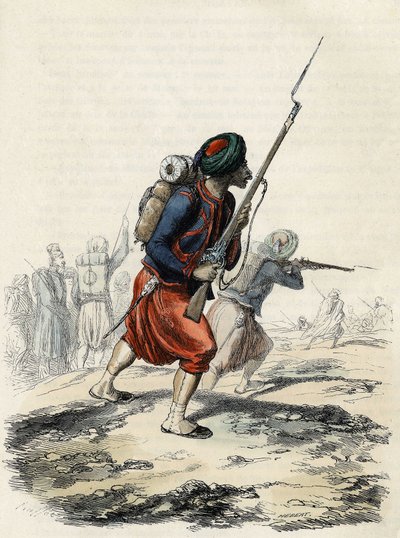 1830年にClausel将軍がアトラスのアルジェリア遠征のために編成した原住民からなるフランス軍のZouavesの大隊で、Leon Galibertの「L
