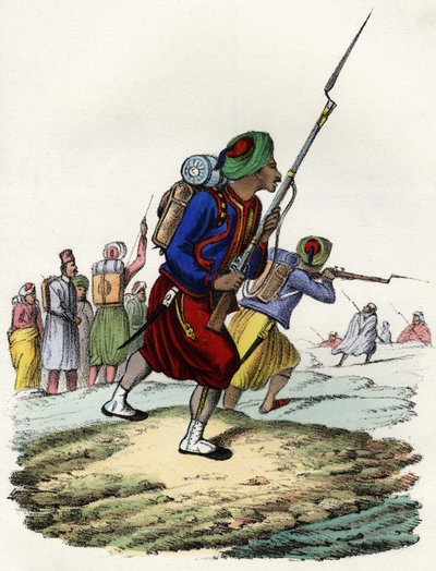 1830年にクラウゼル将軍がアトラスのアルジェリア遠征のために編成した、原住民で構成されたアフリカのフランス軍のズアーブの大隊。Storia d