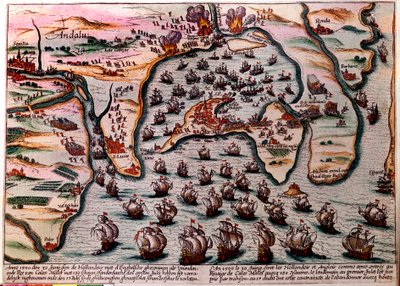 1596年6月30日のCales Males（スペイン）のバトルプラン。オランダ軍とイギリス軍の艦隊は180隻の船でCales Malesに友軍として入る。翌日の7月1日、反逆罪に驚き、恥ずかしながら街を放棄しなければなりませんでした。エングレーヴィング 作： Unknown artist