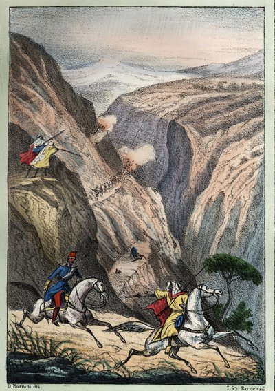 フランス軍とアラブ・レジスタンスとの間で、アトラス山の峠にあるMouzaìaのテニアでの戦い。 作： Unknown artist