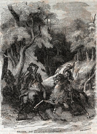 ローランとフェラガスの戦い-アリオスタで知られるルドヴィコ・アリオストの「激情のローラン」（Orlando furioso）（16世紀）より1851年の版画-トレサン伯爵がイタリア語から翻訳し、グスタフ・ハーバードが出版した版。 作： Unknown artist