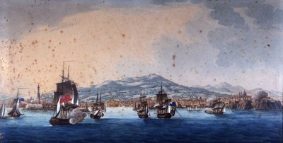 ゲネス港でのフランスとイギリスの船の戦い。アンドレ・マセナがゲネス本部を運営。19世紀の匿名の絵画。ジェノバ・ペグリ海軍博物館。 作： Unknown artist