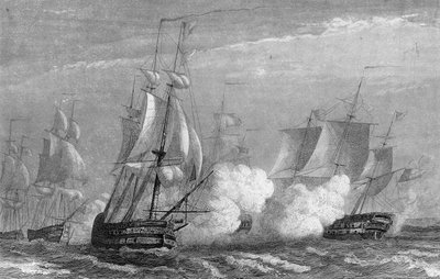 18世紀、1778年にフランスとイギリスの間で争われたドーサンの海戦。 作： Unknown artist