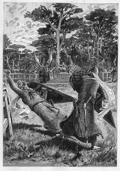 フランスの中世（ミドルエイジ）における、騎士ピナベルとティエリーの戦い。レオン・ゴーティエ(1832-1897)の小説「La chevalerie」の挿絵。"Le Monde Illustré "に掲載されたエングレーヴィング 作： Unknown artist